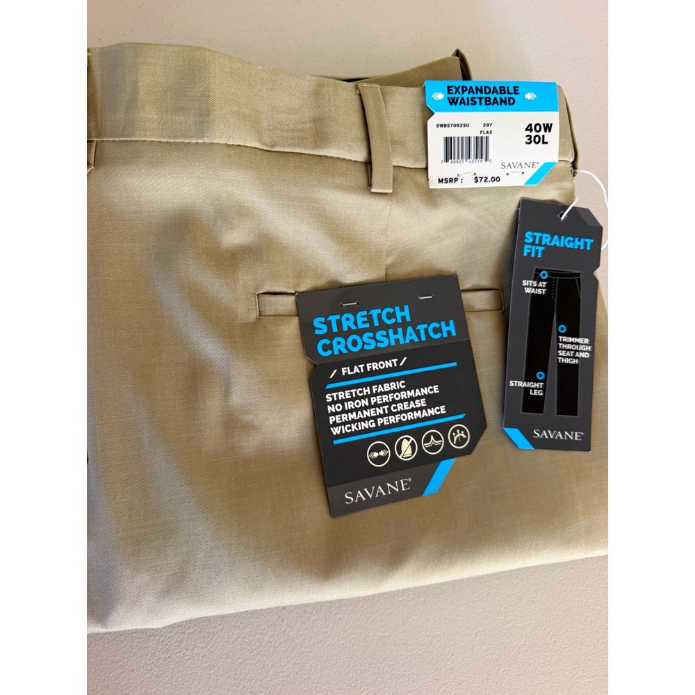 NWT Savane Men's 40x30 Beige Crosshatch Straight Flat Front Pants